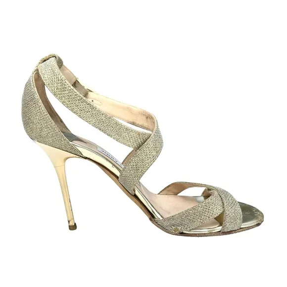 Jimmy Choo Gold Glitter Louise Strappy Stiletto Heel Sandals Women’s Size 38.5
