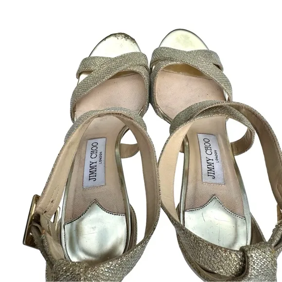 Jimmy Choo Gold Glitter Louise Strappy Stiletto Heel Sandals Women’s Size 38.5