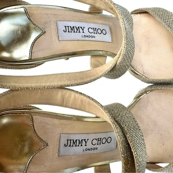 Jimmy Choo Gold Glitter Louise Strappy Stiletto Heel Sandals Women’s Size 38.5