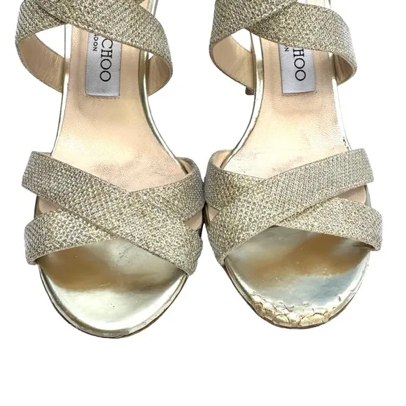 Jimmy Choo Gold Glitter Louise Strappy Stiletto Heel Sandals Women’s Size 38.5