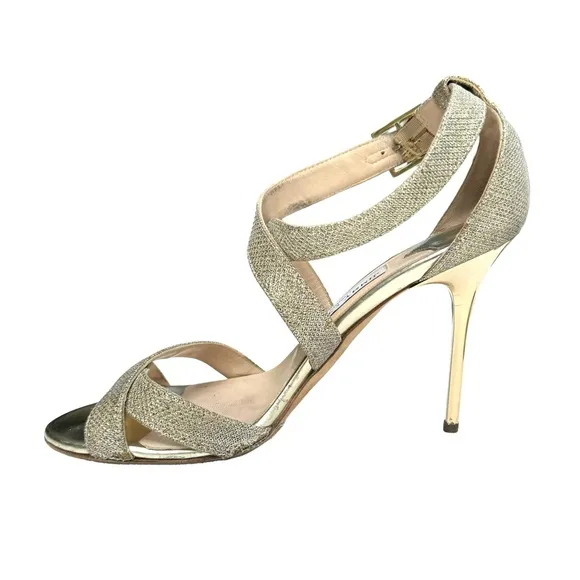 Jimmy Choo Gold Glitter Louise Strappy Stiletto Heel Sandals Women’s Size 38.5