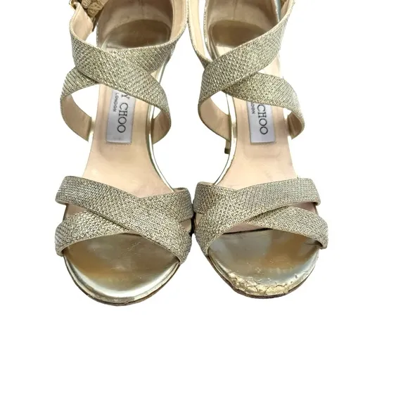 Jimmy Choo Gold Glitter Louise Strappy Stiletto Heel Sandals Women’s Size 38.5