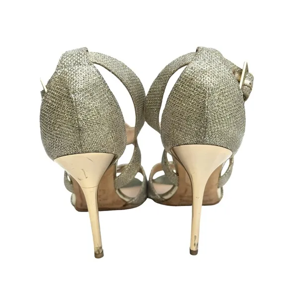 Jimmy Choo Gold Glitter Louise Strappy Stiletto Heel Sandals Women’s Size 38.5