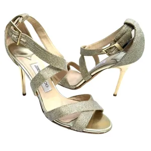 Jimmy Choo Gold Glitter Louise Strappy Stiletto Heel Sandals Women’s Size 38.5