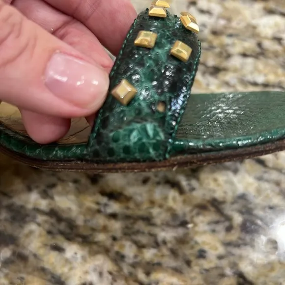 Jimmy Choo Green Python Embellished Gold Stud Sandals with Low Wedge, Sz…