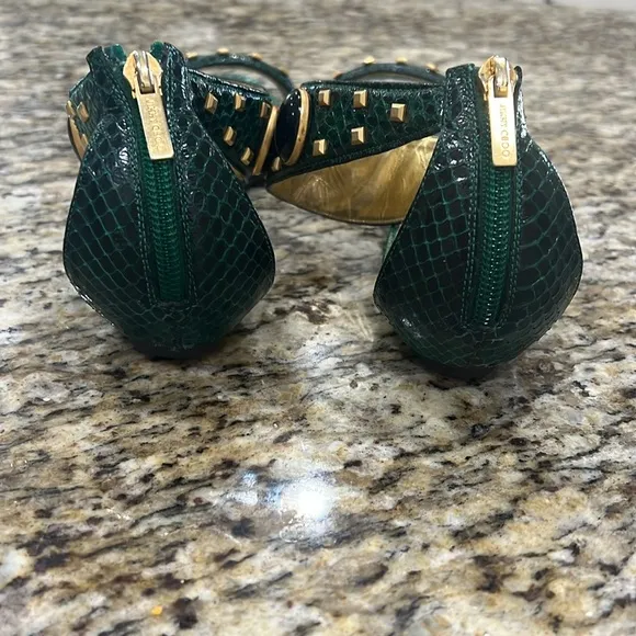 Jimmy Choo Green Python Embellished Gold Stud Sandals with Low Wedge, Sz…