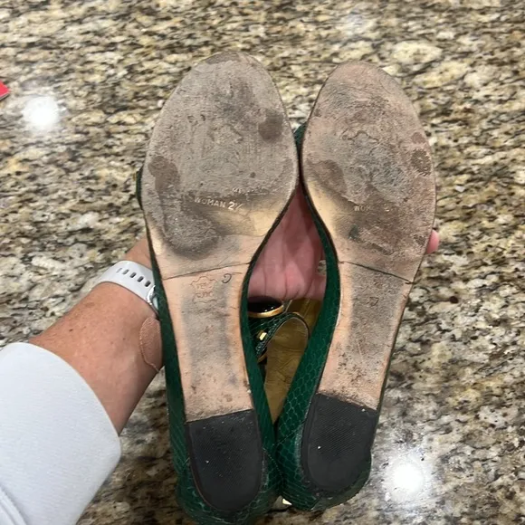 Jimmy Choo Green Python Embellished Gold Stud Sandals with Low Wedge, Sz…