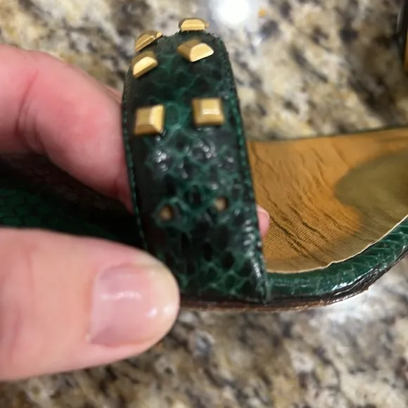 Jimmy Choo Green Python Embellished Gold Stud Sandals with Low Wedge, Sz…