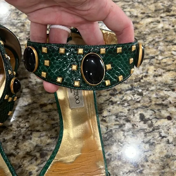 Jimmy Choo Green Python Embellished Gold Stud Sandals with Low Wedge, Sz…