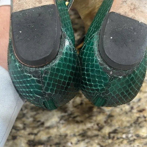 Jimmy Choo Green Python Embellished Gold Stud Sandals with Low Wedge, Sz…