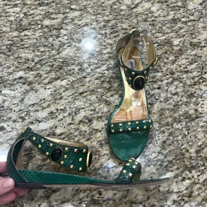 Jimmy Choo Green Python Embellished Gold Stud Sandals with Low Wedge, Sz…