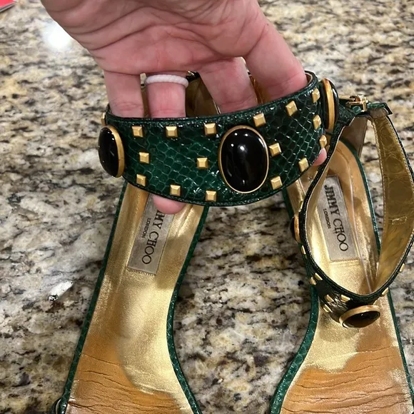 Jimmy Choo Green Python Embellished Gold Stud Sandals with Low Wedge, Sz…