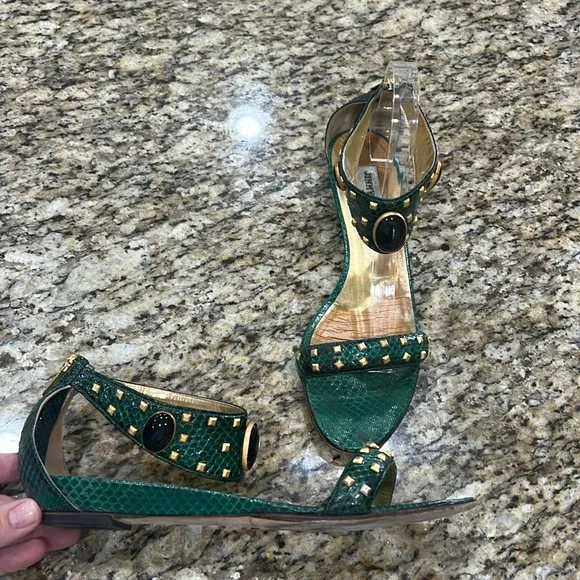 Jimmy Choo Green Python Embellished Gold Stud Sandals with Low Wedge, Sz…