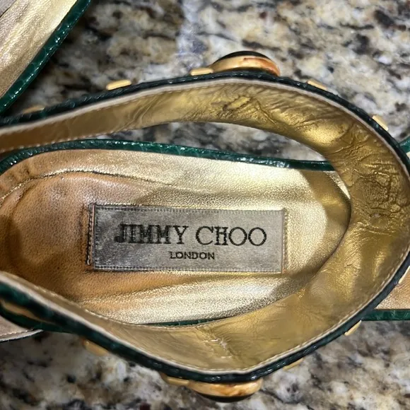 Jimmy Choo Green Python Embellished Gold Stud Sandals with Low Wedge, Sz…