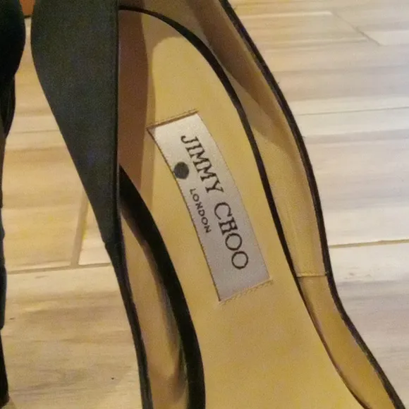 Jimmy Choo London Black Satin Peeptoe Platform Bow Heel Shoes 39
