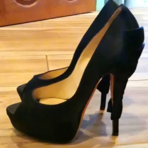 Jimmy Choo London Black Satin Peeptoe Platform Bow Heel Shoes 39