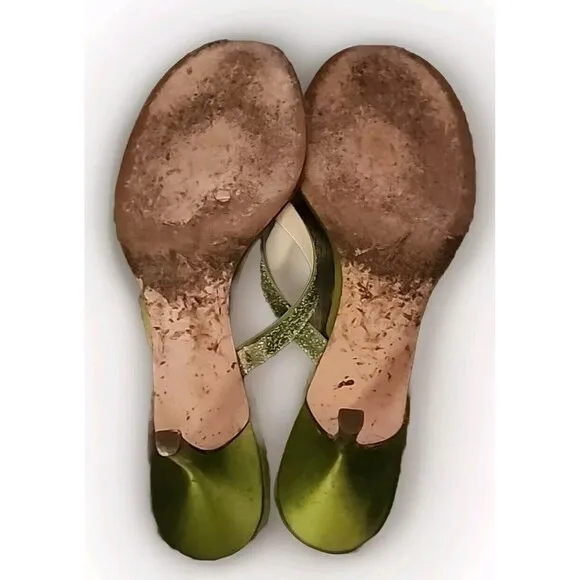 Jimmy Choo London Heel Sandals Thongs Green Sparkle US 8 EU 40