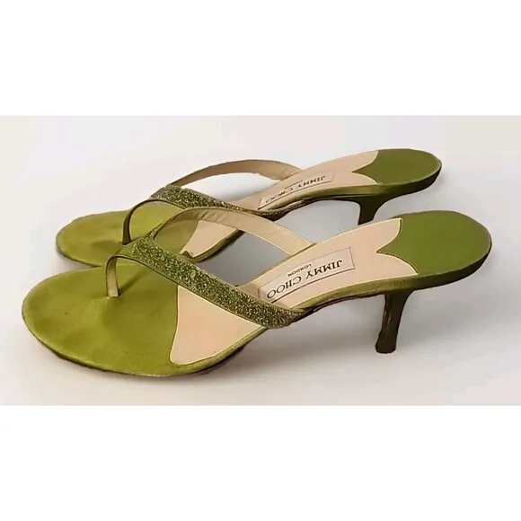 Jimmy Choo London Heel Sandals Thongs Green Sparkle US 8 EU 40
