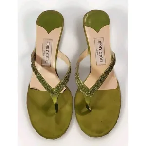 Jimmy Choo London Heel Sandals Thongs Green Sparkle US 8 EU 40