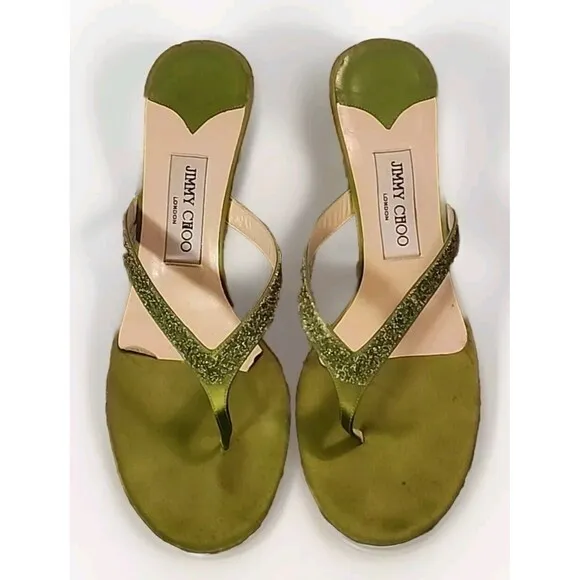 Jimmy Choo London Heel Sandals Thongs Green Sparkle US 8 EU 40