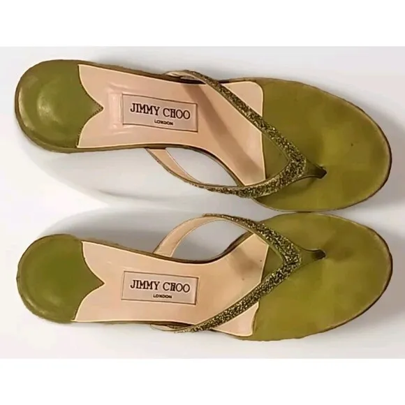 Jimmy Choo London Heel Sandals Thongs Green Sparkle US 8 EU 40