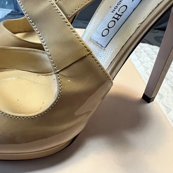 ~JIMMY CHOO Nude Patent Leather Pointed Toe Platform Sandal/Heels Sz 39  $950