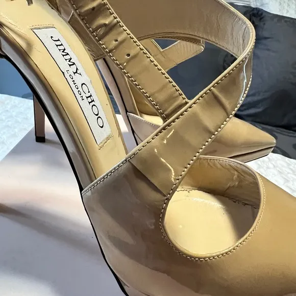 ~JIMMY CHOO Nude Patent Leather Pointed Toe Platform Sandal/Heels Sz 39  $950