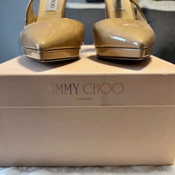 ~JIMMY CHOO Nude Patent Leather Pointed Toe Platform Sandal/Heels Sz 39  $950