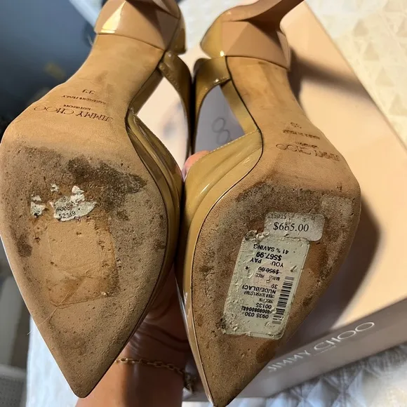 ~JIMMY CHOO Nude Patent Leather Pointed Toe Platform Sandal/Heels Sz 39  $950