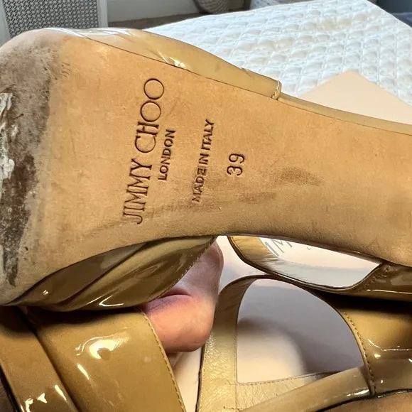 ~JIMMY CHOO Nude Patent Leather Pointed Toe Platform Sandal/Heels Sz 39  $950