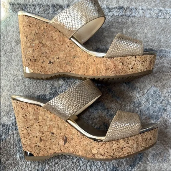 Jimmy Choo Parker 100 Metallic Textured leather Wedge Sandals Gold size 37.5