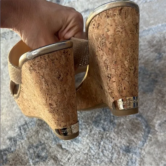 Jimmy Choo Parker 100 Metallic Textured leather Wedge Sandals Gold size 37.5