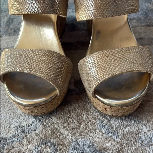 Jimmy Choo Parker 100 Metallic Textured leather Wedge Sandals Gold size 37.5