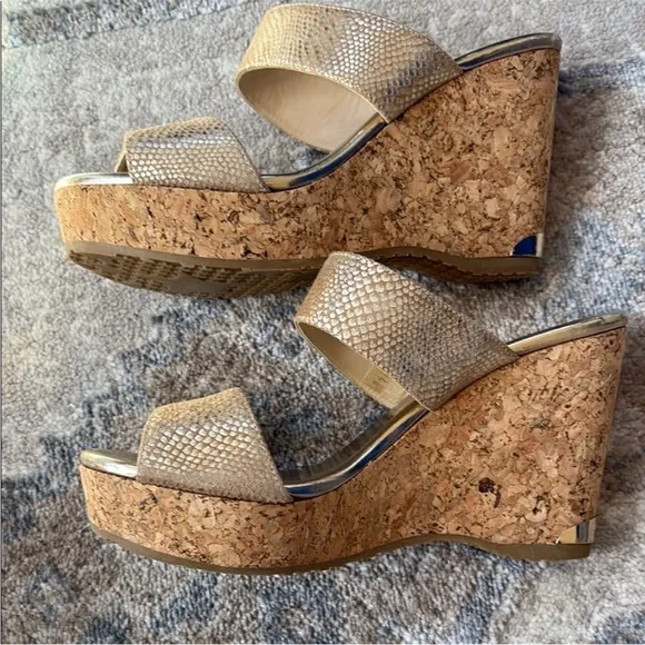 Jimmy Choo Parker 100 Metallic Textured leather Wedge Sandals Gold size 37.5