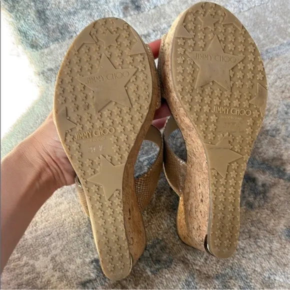 Jimmy Choo Parker 100 Metallic Textured leather Wedge Sandals Gold size 37.5