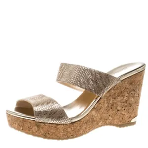 Jimmy Choo Parker 100 Metallic Textured leather Wedge Sandals Gold size 37.5