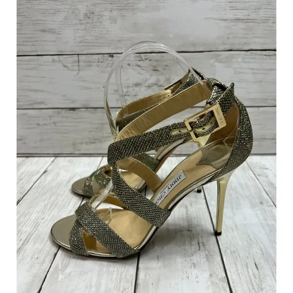 Jimmy Choo Size 40 Louise Sandals Metallic Coarse Glitter High Heel