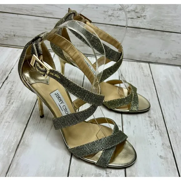 Jimmy Choo Size 40 Louise Sandals Metallic Coarse Glitter High Heel