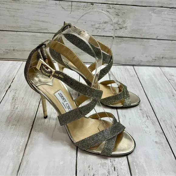 Jimmy Choo Size 40 Louise Sandals Metallic Coarse Glitter High Heel