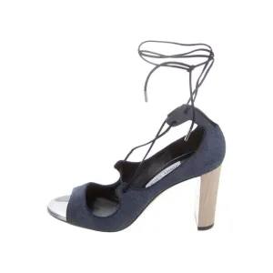 Jimmy Choo Vernie Sandals 6.5 Denim Blue Leather Strappy Wood Block Heel