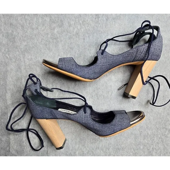 Jimmy Choo Vernie Sandals 6.5 Denim Blue Leather Strappy Wood Block Heel