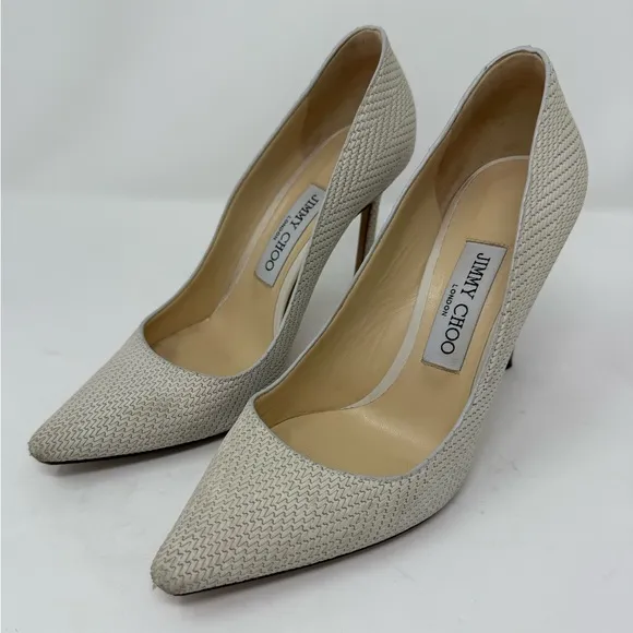 Jimmy Choo White Knitted Nubuck Leather Romy Pumps Size 37 cream/beige/tan/white