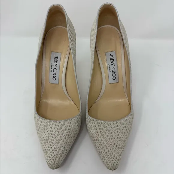 Jimmy Choo White Knitted Nubuck Leather Romy Pumps Size 37 cream/beige/tan/white
