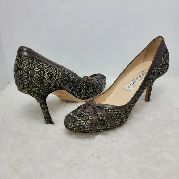 Jimmy Choo Womens Shoes  Size 9 Brown Leather Tweed Bow Pumps Heel