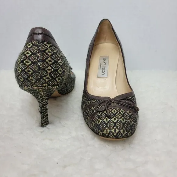 Jimmy Choo Womens Shoes  Size 9 Brown Leather Tweed Bow Pumps Heel