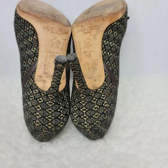 Jimmy Choo Womens Shoes  Size 9 Brown Leather Tweed Bow Pumps Heel