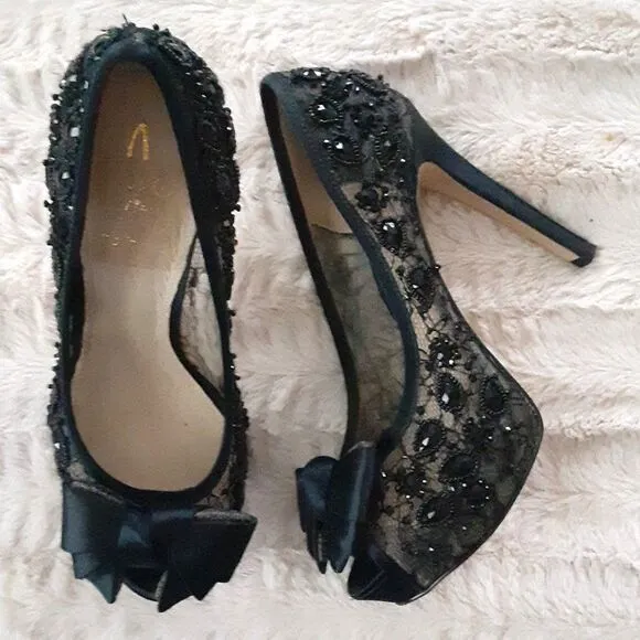 Joan &amp; David Dacutie Black Lace Beaded Platform Heels Size 7.5M