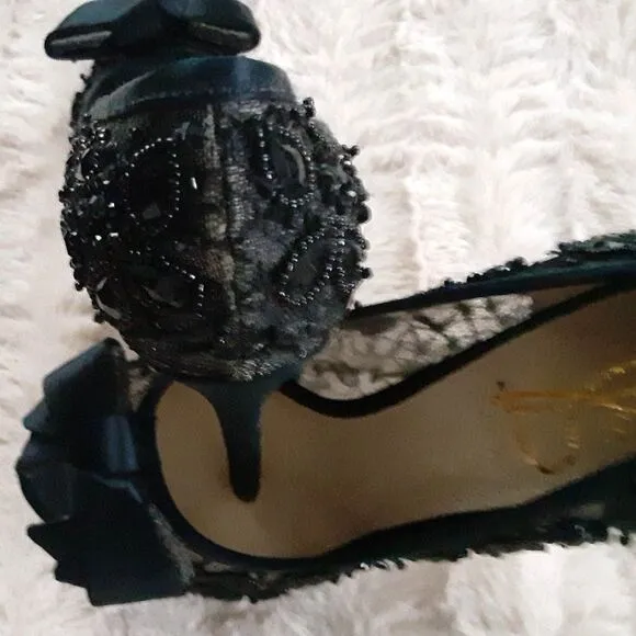 Joan &amp; David Dacutie Black Lace Beaded Platform Heels Size 7.5M