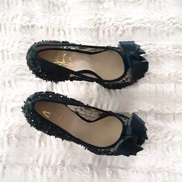 Joan &amp; David Dacutie Black Lace Beaded Platform Heels Size 7.5M
