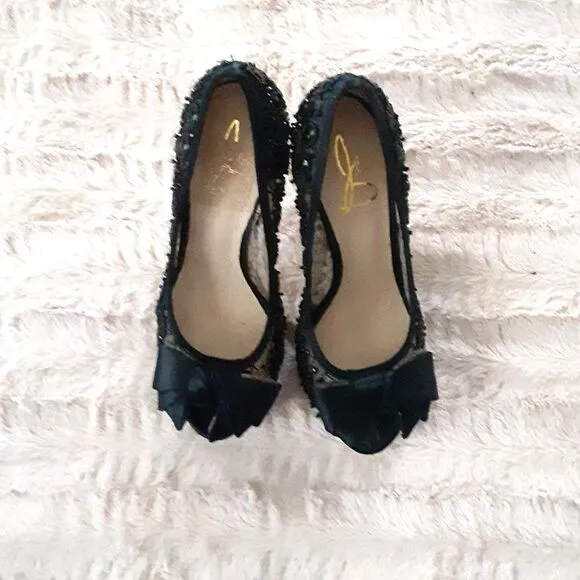 Joan &amp; David Dacutie Black Lace Beaded Platform Heels Size 7.5M